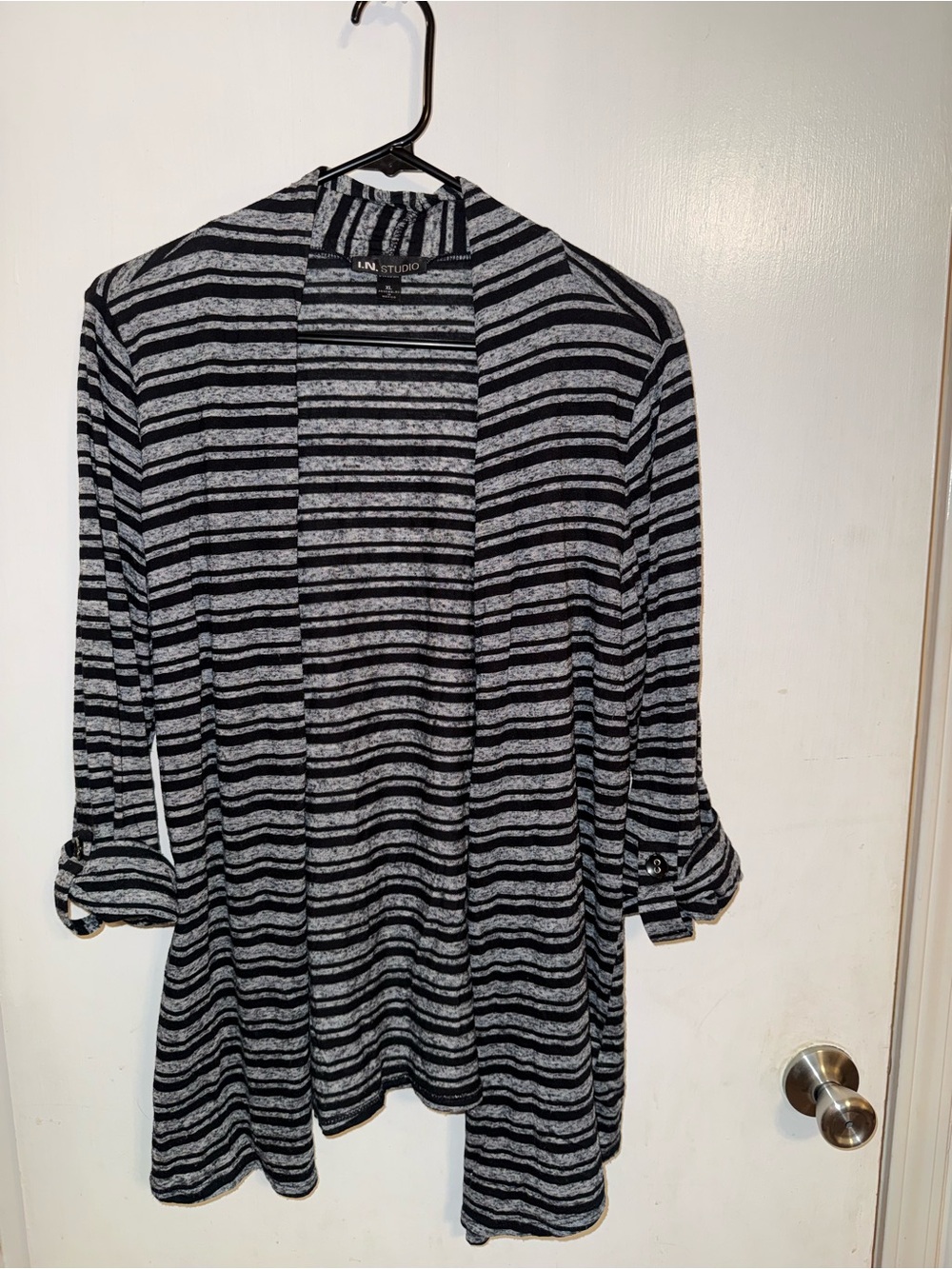 I.N. Studio Black & Gray Striped Open Cardigan with Roll-Tab Sleeves